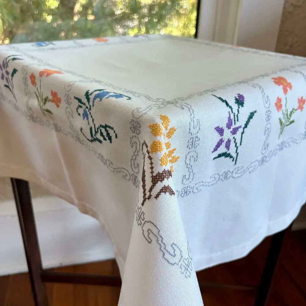 Vintage Cross Stitch Tablecloth Floral Border Heavy Cotton Square
